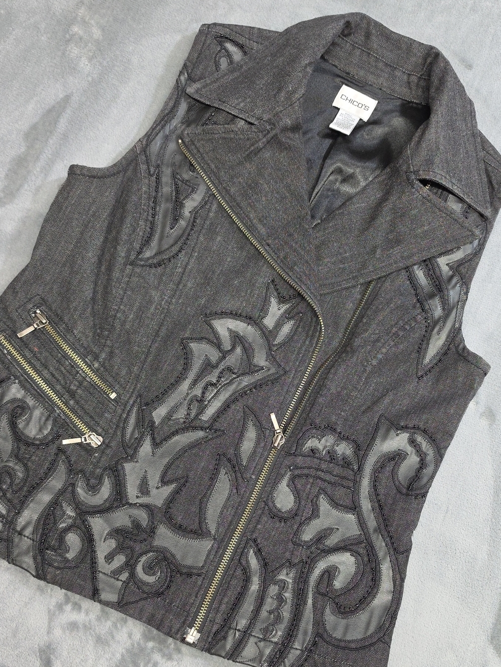 Chico's Charcoal Gray Embroidered Moto Vest